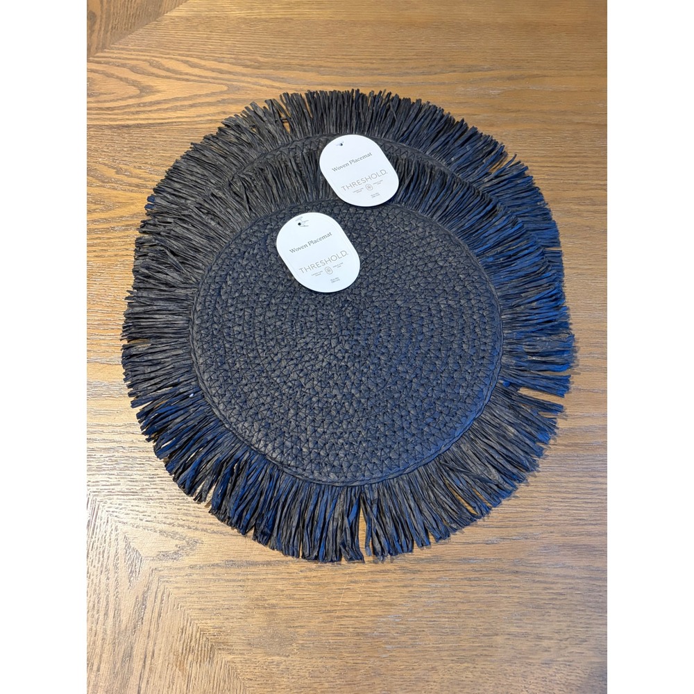 Threshold Black Woven Placemats Round Fringe Boho Table Decor Set of 2 NEW